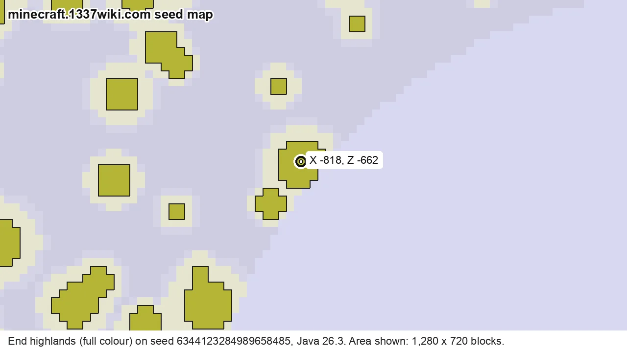 Seed map of end highlands on Java seed 6344123284989658485 near X -818, Z -662