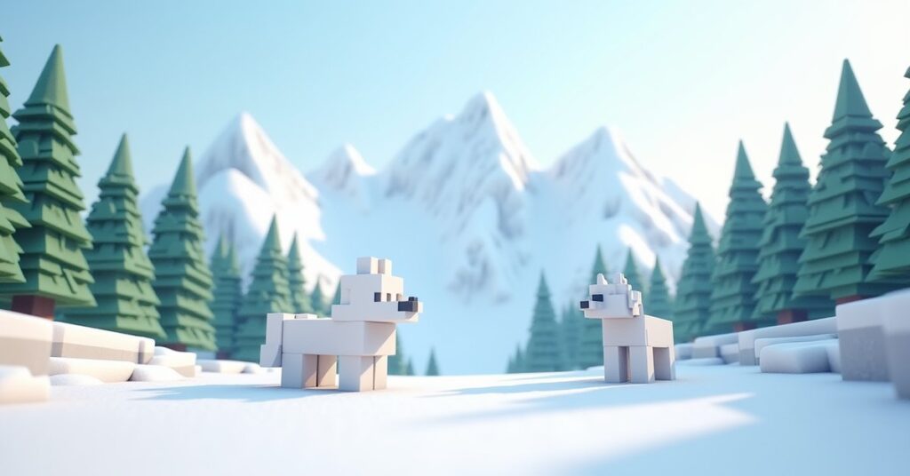A snowy Minecraft spruce forest on a mountain slope with a white wolf and a white fox below snowy peaks