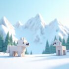 A snowy Minecraft spruce forest on a mountain slope with a white wolf and a white fox below snowy peaks