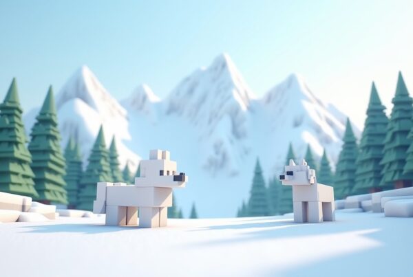 A snowy Minecraft spruce forest on a mountain slope with a white wolf and a white fox below snowy peaks