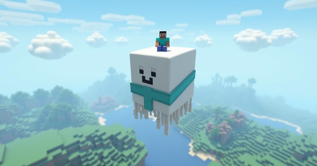 A white happy ghast wearing a blue harness and goggles, carrying a Minecraft player above the clouds