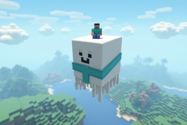 A white happy ghast wearing a blue harness and goggles, carrying a Minecraft player above the clouds