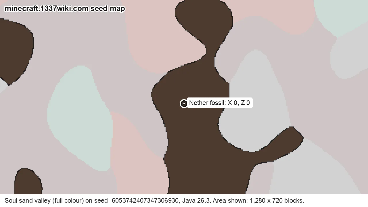 Seed map of a soul sand valley in the Nether with a Nether fossil at X 0, Z 0 on Java seed -6053742407347306930