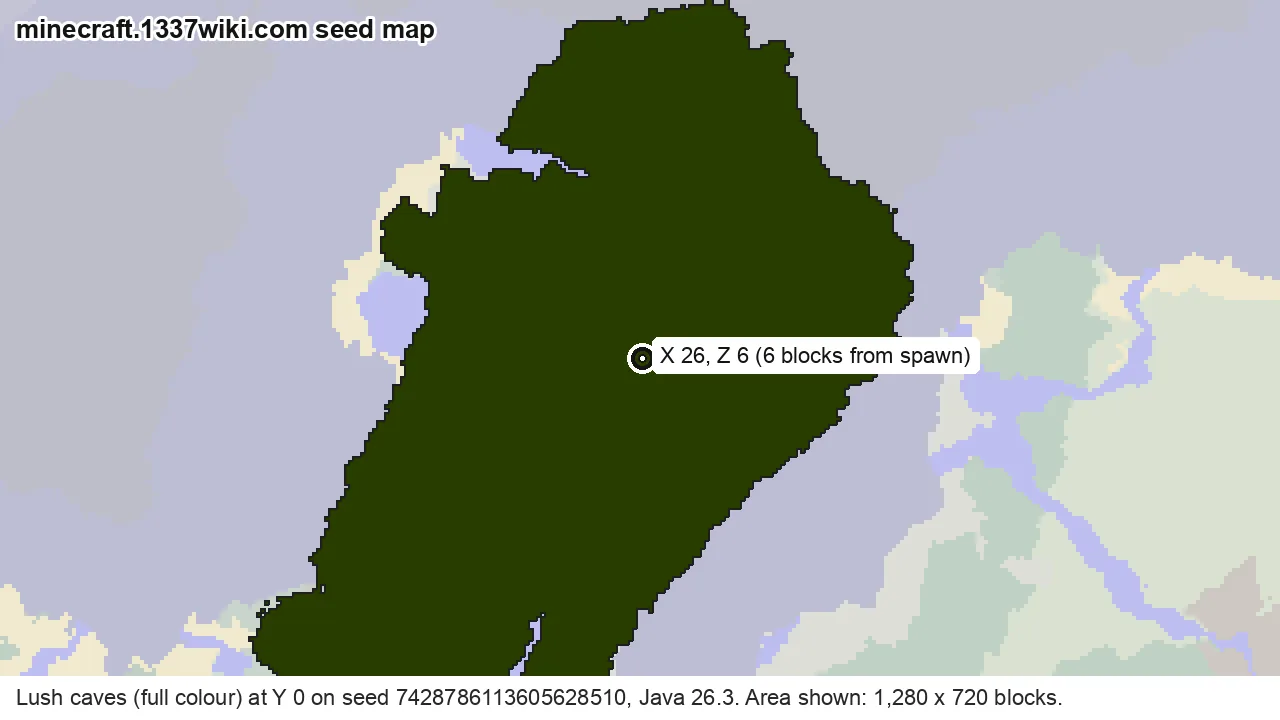 Seed map of lush caves on Java seed 7428786113605628510 near X 26, Z 6