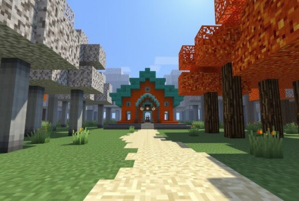 A path running between a pale gray forest and an orange autumn forest toward a building made of copper and oxidized copper blocks