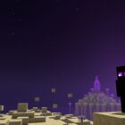 Tiny floating end stone islands in the dark Minecraft End void, with an enderman and a distant end city