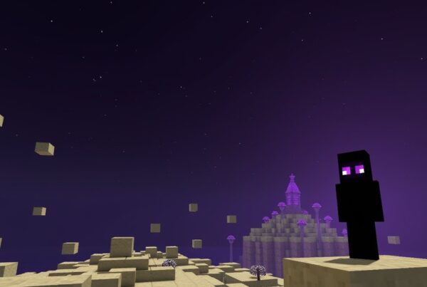 Tiny floating end stone islands in the dark Minecraft End void, with an enderman and a distant end city
