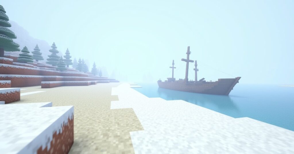 A snowy Minecraft beach with a half-buried shipwreck, ice floating on the sea and snowy spruce hills behind