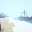 A snowy Minecraft beach with a half-buried shipwreck, ice floating on the sea and snowy spruce hills behind