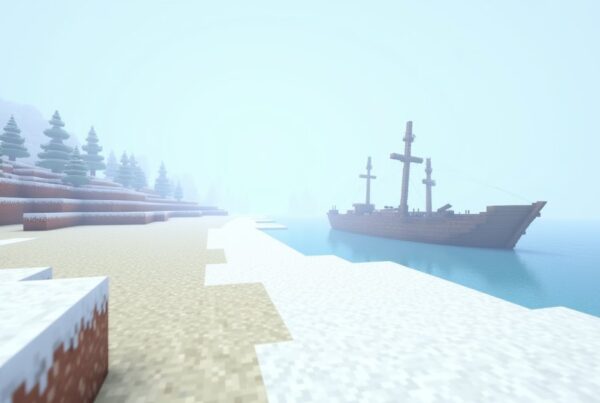 A snowy Minecraft beach with a half-buried shipwreck, ice floating on the sea and snowy spruce hills behind