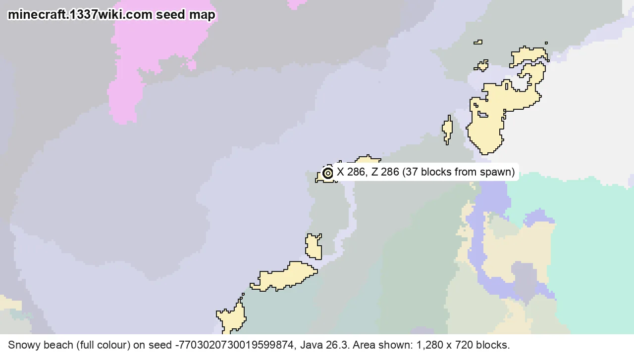Seed map of snowy beach on Java seed -7703020730019599874 near X 286, Z 286