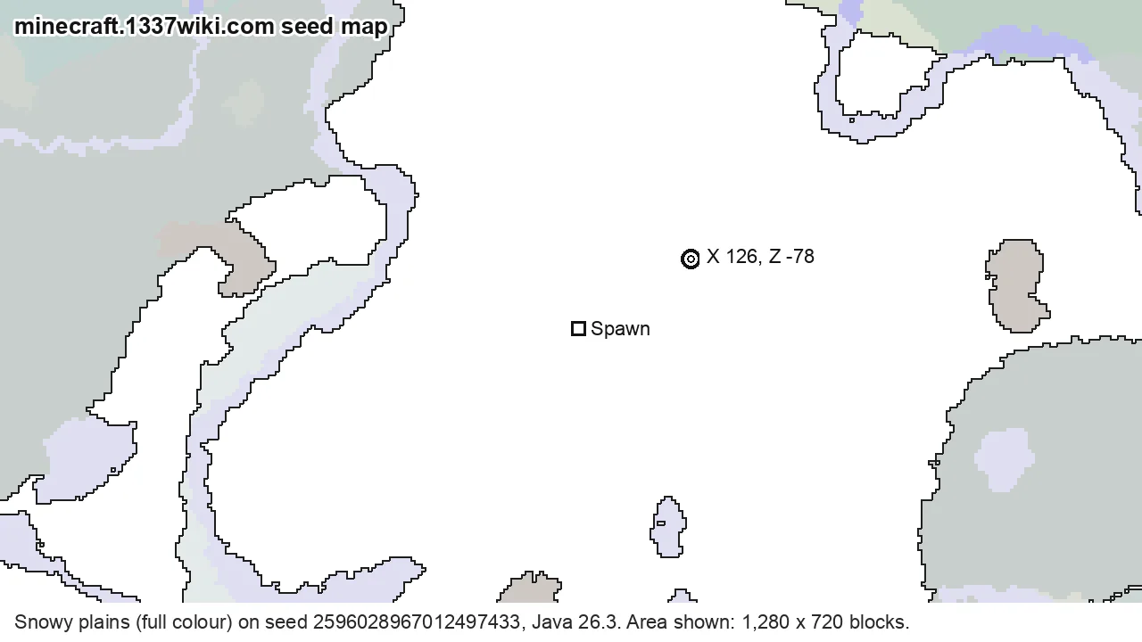 Seed map of snowy plains on Java seed 2596028967012497433 near X 126, Z -78