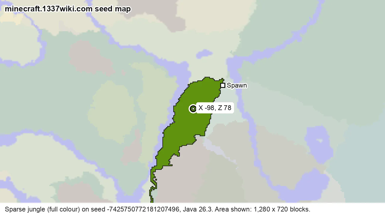 Seed map of sparse jungle on Java seed -7425750772181207496 near X -98, Z 78