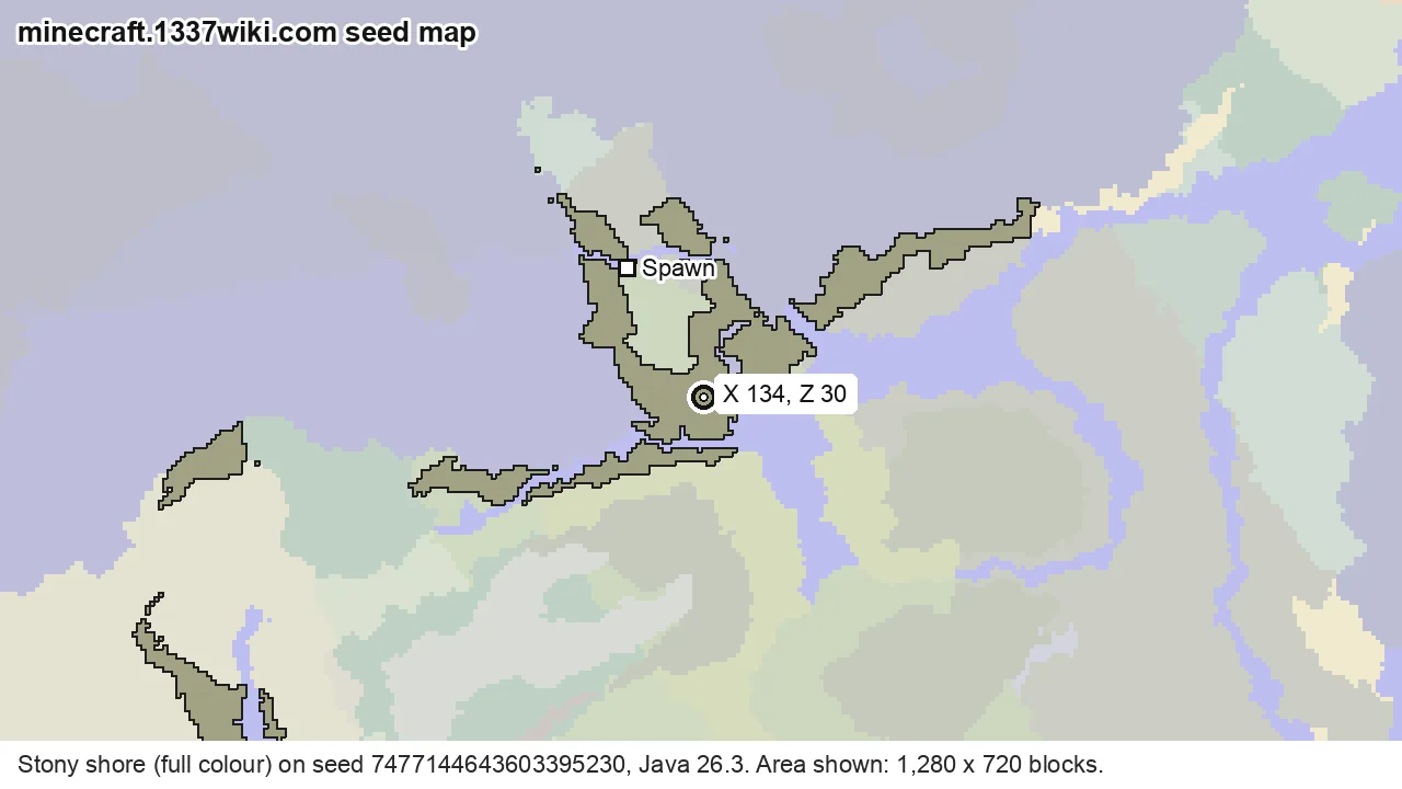 Seed map of stony shore on Java seed 7477144643603395230 near X 134, Z 30