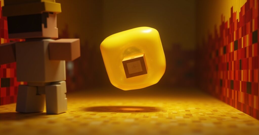 A translucent yellow sulfur cube with a block inside it, bouncing in a Minecraft sulfur cave