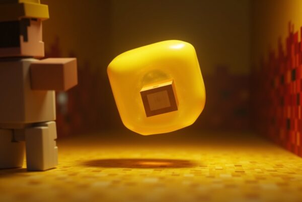 A translucent yellow sulfur cube with a block inside it, bouncing in a Minecraft sulfur cave