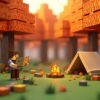 A Minecraft player reading a map beside a campfire and tent in an autumn forest of orange poplar trees