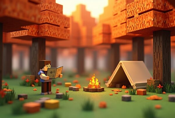 A Minecraft player reading a map beside a campfire and tent in an autumn forest of orange poplar trees