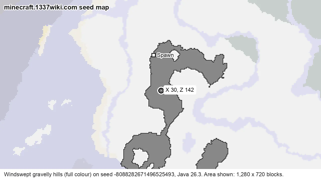 Seed map of windswept gravelly hills on Java seed -8088282671496525493 near X 30, Z 142