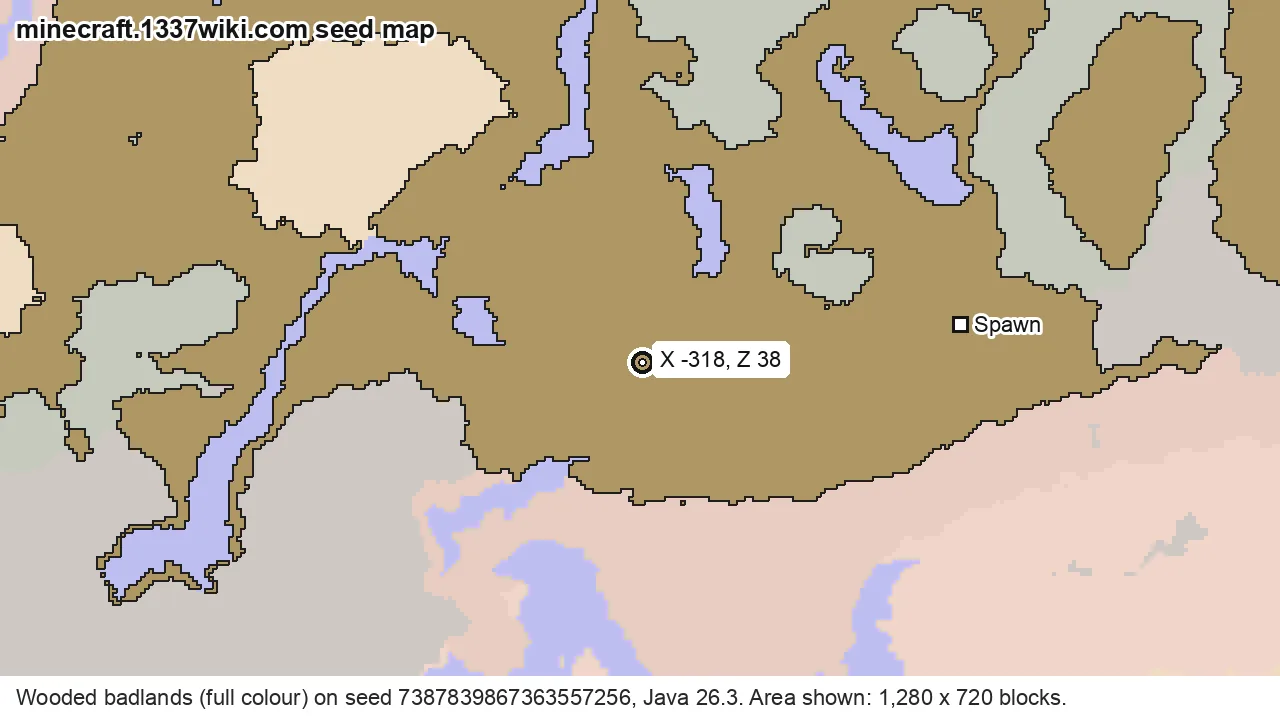 Seed map of wooded badlands on Java seed 7387839867363557256 near X -318, Z 38